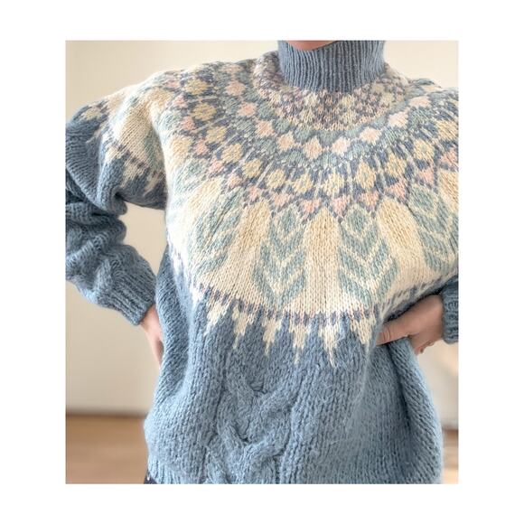 Vtg Wool Women's M Hand Knit Ski Sweater Blue Fair Isle MNZ Cottagecore Prairie - Picture 8 of 10